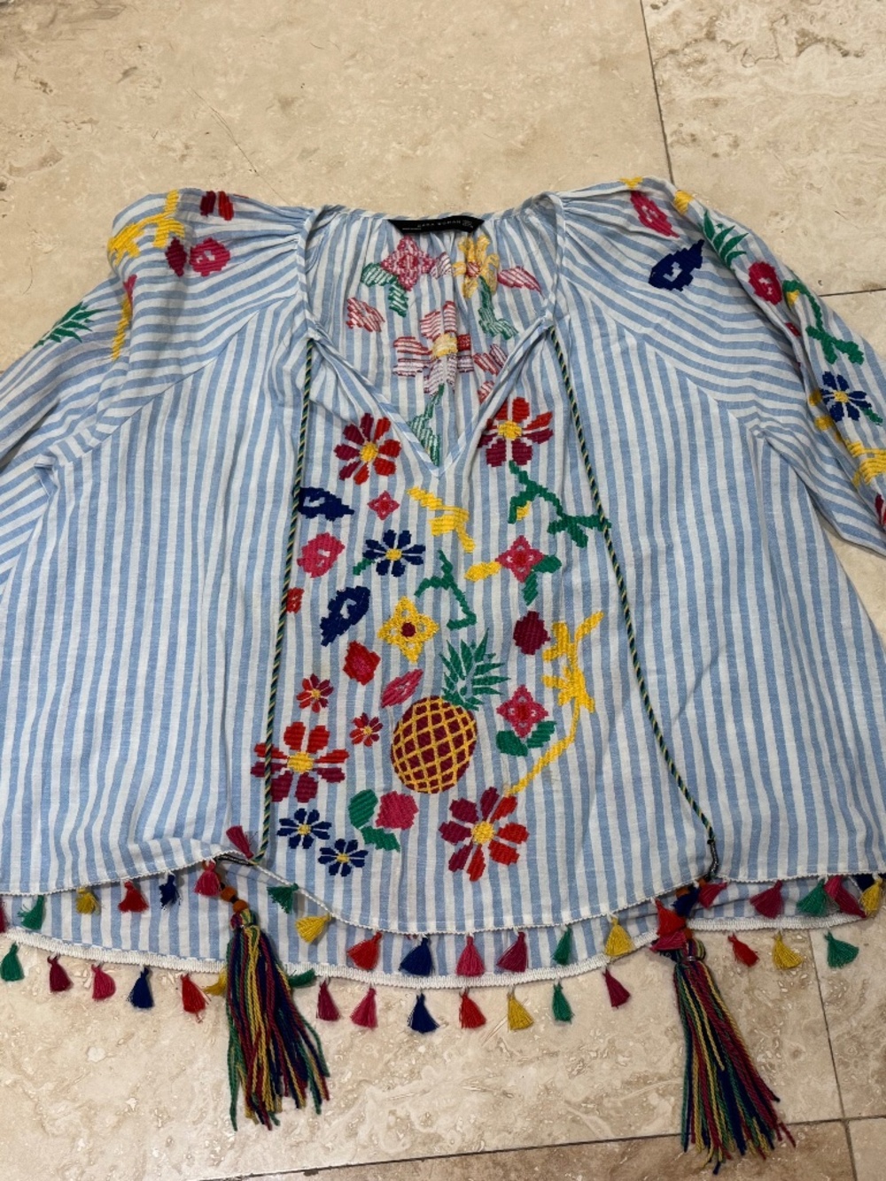 Zara Blue & White Striped Embroidered Boho Peasant Blouse w/ tassels -sz. large